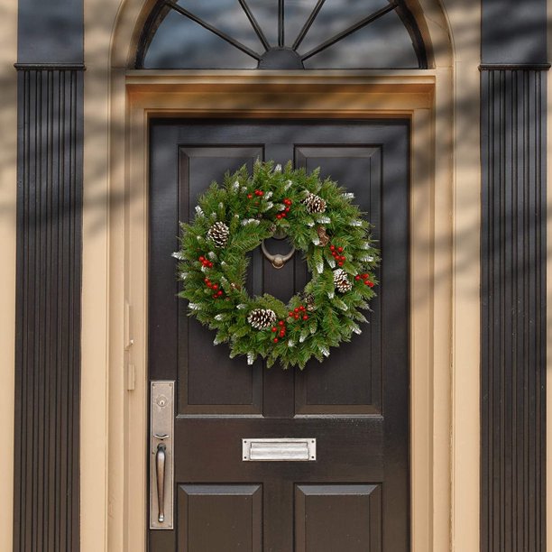 24 Inch Christmas Wreath, Outdoor Lighted Christmas Wreath for Front Door, Xmas Wreath for Holiday Christmas Party Decorations