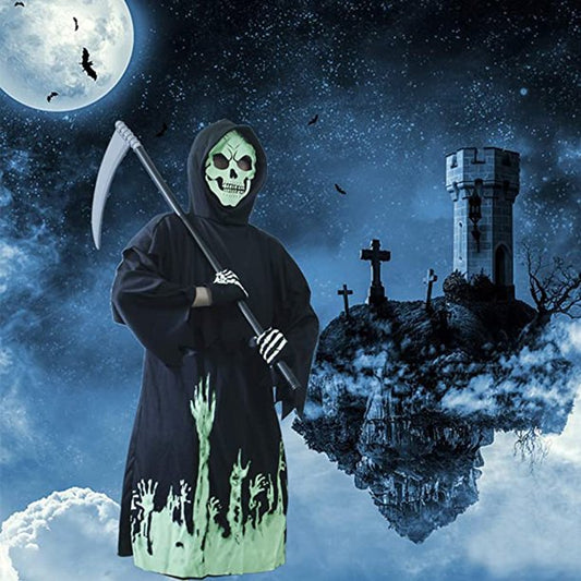 Melliful Halloween Kids Costumes, Grim Reaper Costume, Cosplay Black Robe with Glow Pattern, Soul Taker Child Costume, Halloween Weapon Included