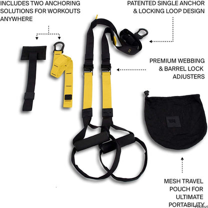 Bodyweight Resistance Trainer Kit, Home Suspension Training Straps, Fitness Resistance Trainer with Resistance Loop Bands, Full Body Workout for Indoor or Outdoor Gym(Yellow)