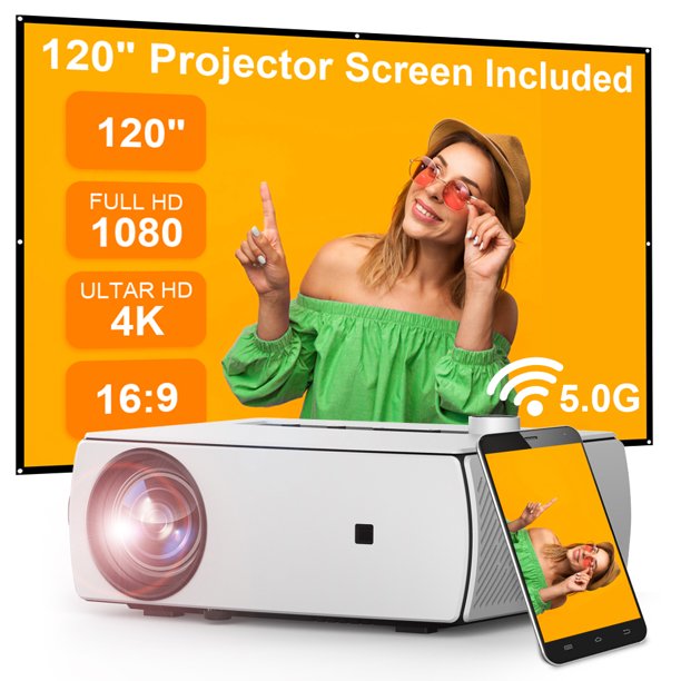 Home Theater Projectors, Full HD 5G Wifi Portable Movie Projector with 120'' Projector Screen for Outdoor Home Cinema