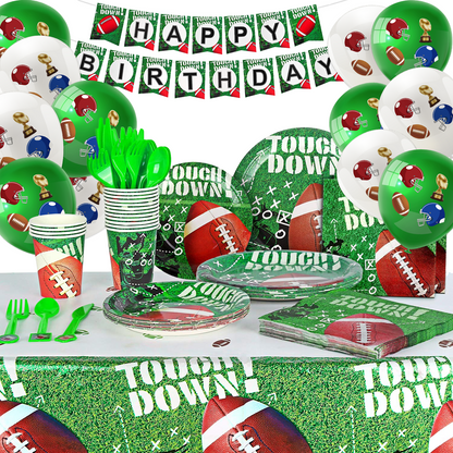 Football Party Supplies Set for 16 Guests, Includes Happy Birthday Banner, Balloons, Plates, Napkins, Spoons, Cups, Tablecloth for Kids Birthday Party Decorations