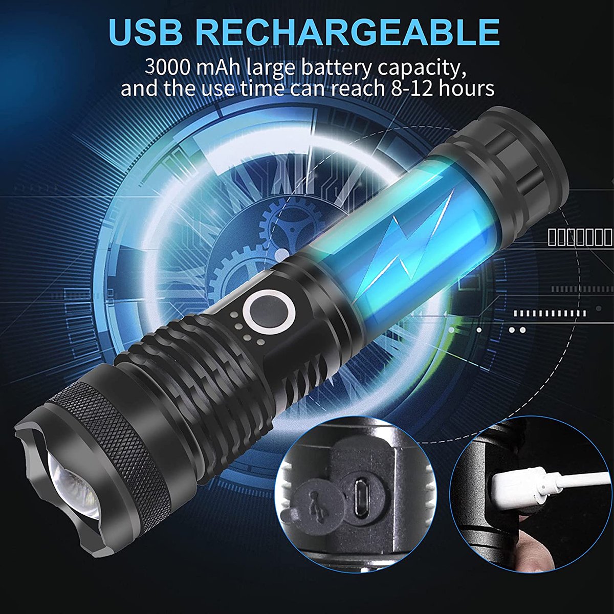 LED Flashlight, 15000 Lumens Rechargeable Waterproof Flashlight with 5 Modes for Hiking, Home,Outdoor Sport,Emergencies(Battery Included)