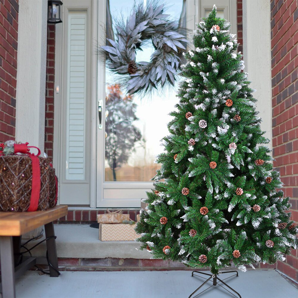 Melliful 7ft Artificial Christmas Tree, with 600 Branch Flocking Spray White Tree Plus Pine Cone, Pre-lit Pencil Feel Real Skinny Fir Tree with 61 Cones Berries and Foldable Metal Stand
