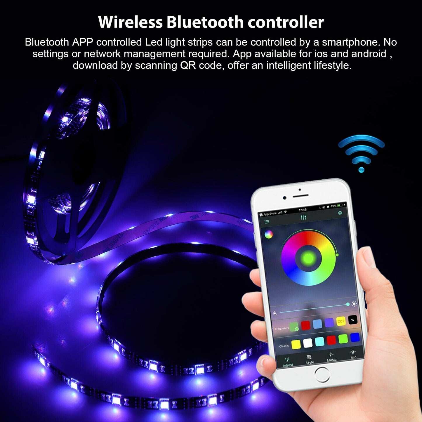 Music Led Strip Lights Powered RGB/Multicolor Strip Light Bluetooth Led Strip APP Controlled Smart Light Strip Waterproof LED TV Backlight Strip, 5050 LED Tape Lights for Room,Kitchen,Bar,Party