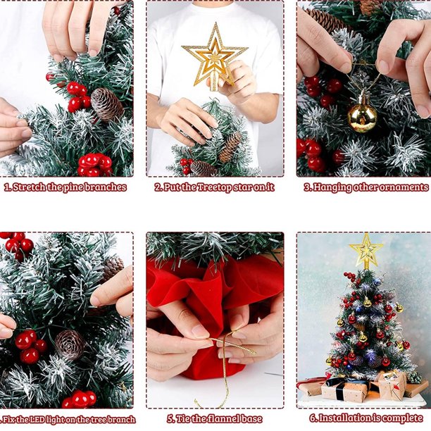 Mini Decorated Christmas Trees, 20in Tabletop Christmas Trees with LED Lights, Christmas Tree Star Topper, Ornaments. Xmas Decorations Festival Home Party Ornaments