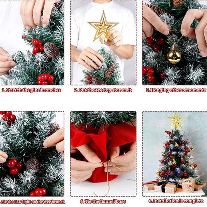 Mini Decorated Christmas Trees, 20in Tabletop Christmas Trees with LED Lights, Christmas Tree Star Topper, Ornaments. Xmas Decorations Festival Home Party Ornaments