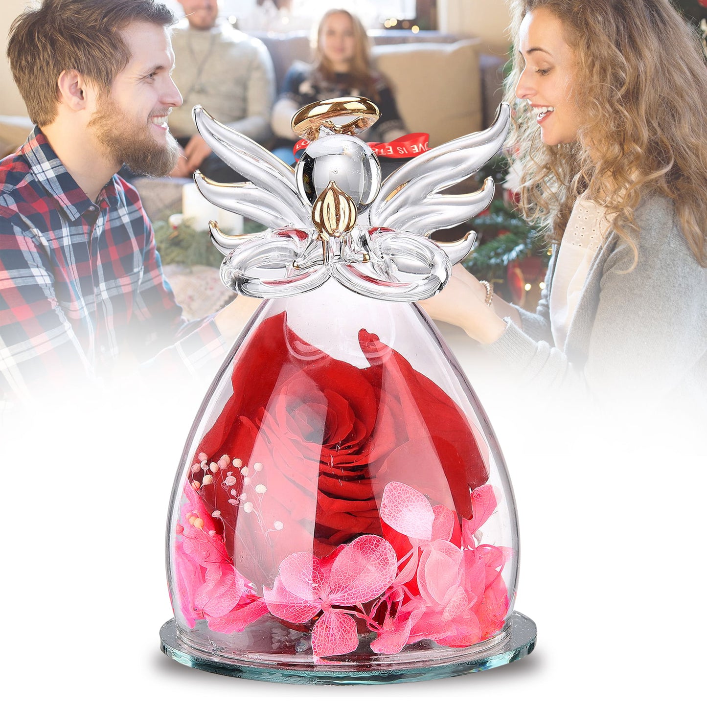 Melliful Preserved Rose in Glass Dome Angel Figurine with Eternal Rose Romantic Women Flowers Gifts for Anniversary Valentine's Day Mother's Day Birthday Engagement Thanksgiving Day Christmas Gift,Red