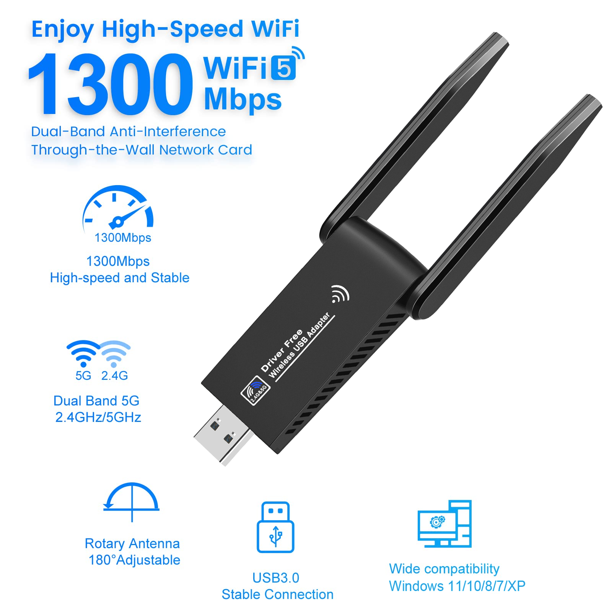 Drive Free USB WiFi Adapter, USB 3.0 1300Mbps 2.4G/5G Dual Band Wireless Adapter WiFi Dongle Network Adapter for Desktop PC Laptop, Compatible with Windows 11/10/8/7/XP