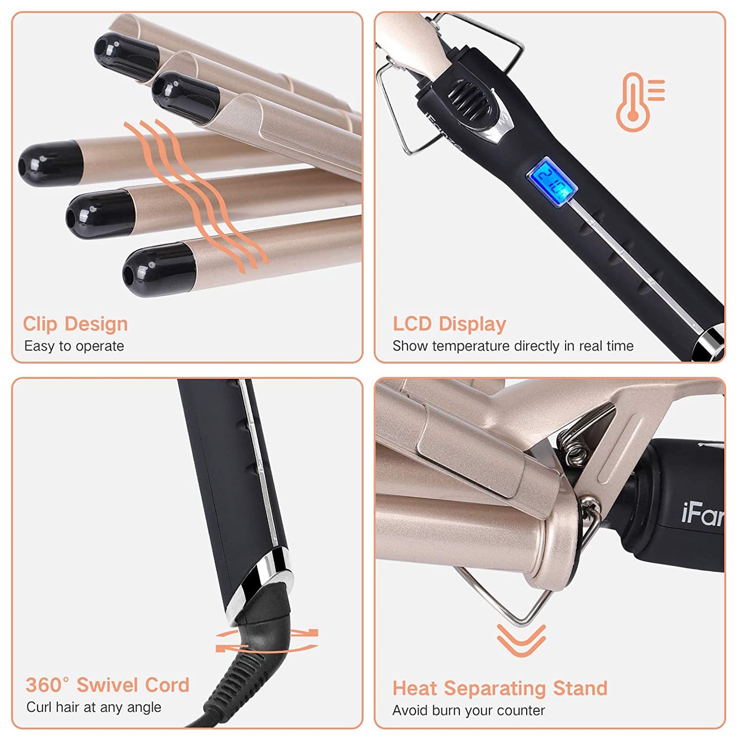 iFanze Travel Size 0.5" Tourmaline Ceramic Multi Functional 5 Barrel Crimper, Waver & Curling Iron with LCD Temperature Display, Beige