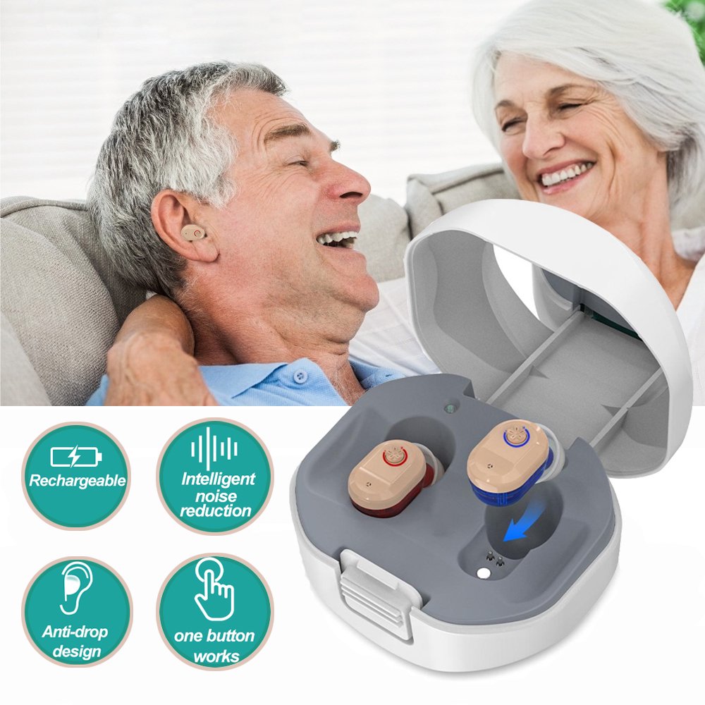 Hearing Aids Amplifier, Rechargeable Digital Personal Invisible Sound Amplifier Devices ITE for Seniors, Inner-Ear Hearing aids, TV, 2-Pack with Charging Box, Noise Cancelling for Adults and Child