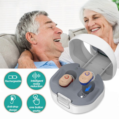 Hearing Aids Amplifier, Rechargeable Digital Personal Invisible Sound Amplifier Devices ITE for Seniors, Inner-Ear Hearing aids, TV, 2-Pack with Charging Box, Noise Cancelling for Adults and Child