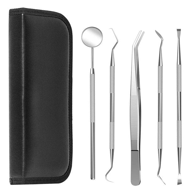 Dental Picks For Teeth, 5 Pack Dental Picks Stainless Steel Dental Scraper, Scaler Pick Hygiene Set With Mouth Mirror, Dentist Tool Kit Tweezer Kit For Dentist, Dental Picks For Personal Using, J203