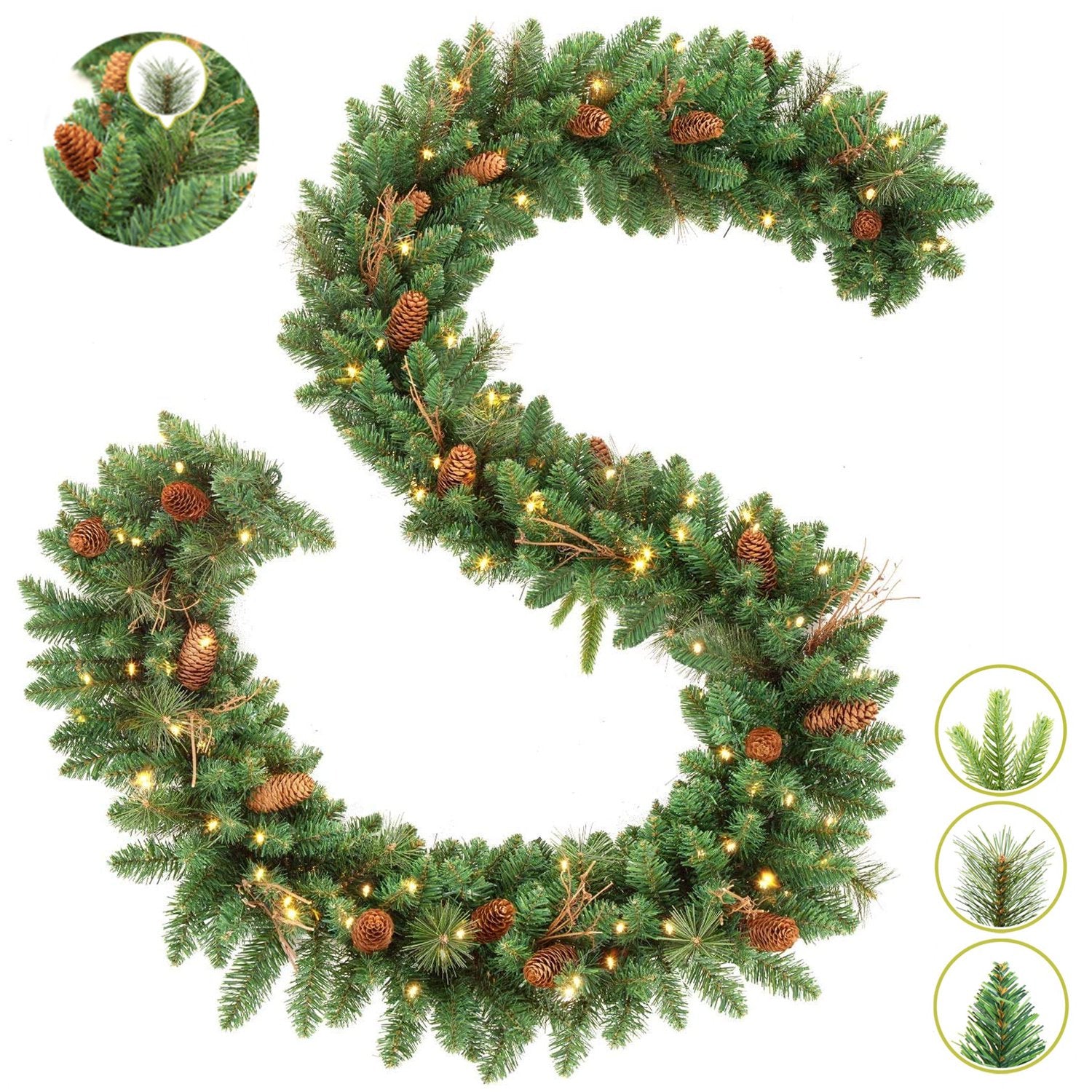 iFanze 9ft Pre-Lit Christmas Garland, Green Xmas Garland with Battery Operated LED Lights, Pine Needles Branches Pine Cones Artificial Christmas Decoration Indoor Home Fireplace Front Door