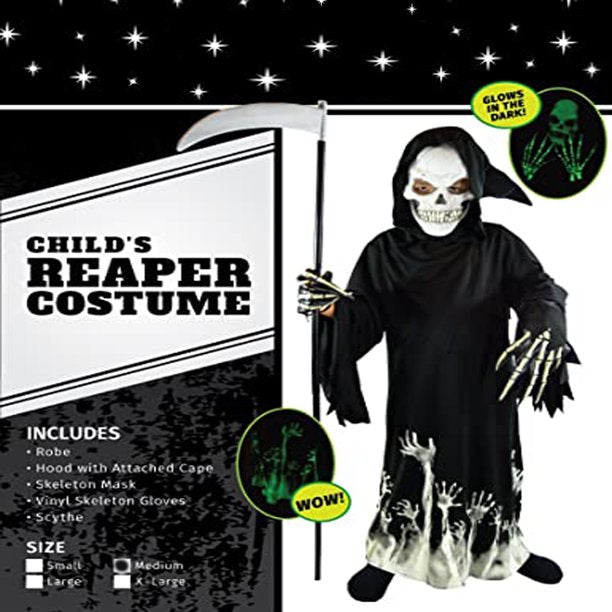 Melliful Halloween Kids Costumes, Grim Reaper Costume, Cosplay Black Robe with Glow Pattern, Soul Taker Child Costume, Halloween Weapon Included