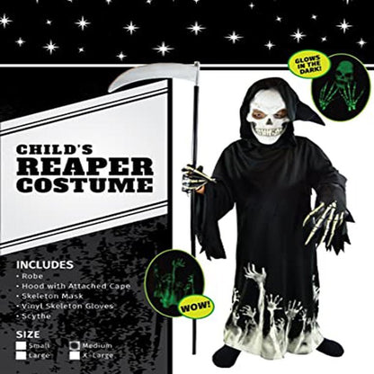 Melliful Halloween Kids Costumes, Grim Reaper Costume, Cosplay Black Robe with Glow Pattern, Soul Taker Child Costume, Halloween Weapon Included
