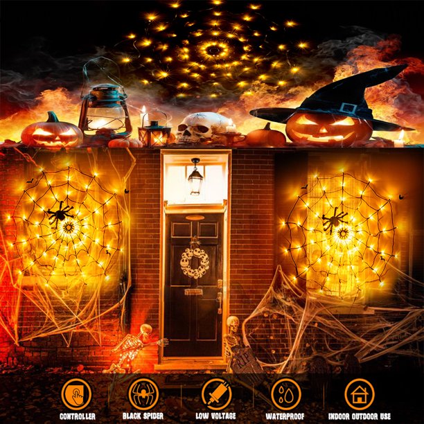 Meliful Halloween Black Spider Web Light with 80 LED Waterproof Orange Net Lights and 1 Black Spider for House Yard Garden Indoor and Outdoor Scary Halloween Theme