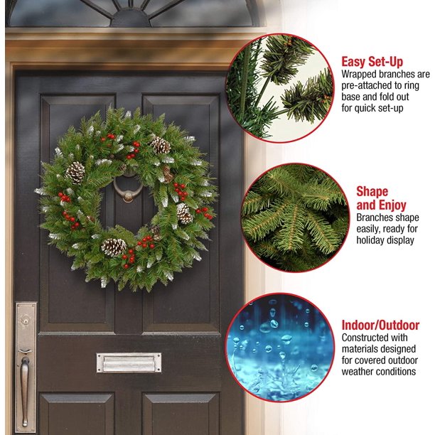 24 Inch Christmas Wreath, Outdoor Lighted Christmas Wreath for Front Door, Xmas Wreath for Holiday Christmas Party Decorations