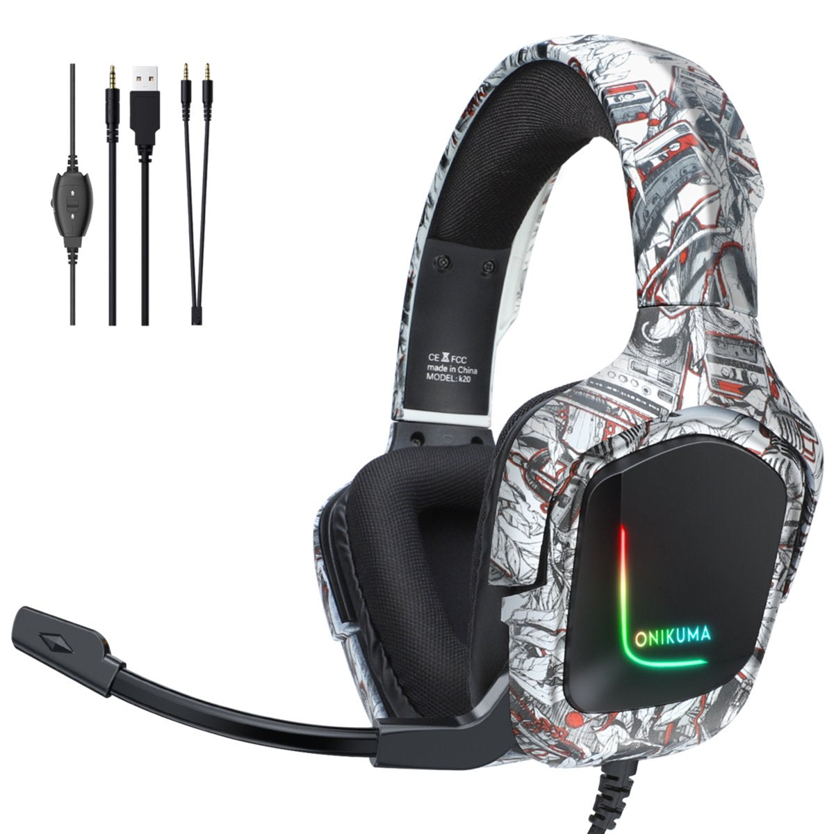 K20 Gaming Headset for PS4, Gaming Headphones with Stereo Surround Sound & Noise Cancelling Mic, Lightweight Ergonomic Cool RGB Headsets for Xbox One, PS5, Nintendo Switch, PC, Mac, Mobile