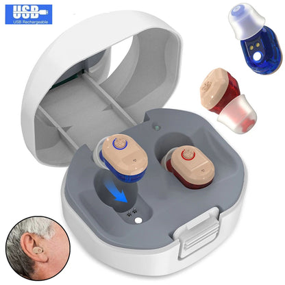 Doosl Hearing Aid with Noise Reduction, Mini In-Ear Digital Hearing Aids for Seniors, Rechargeable Enhances Speech and Audio Sound Amplifier with Portable Charging Case, Both Ears