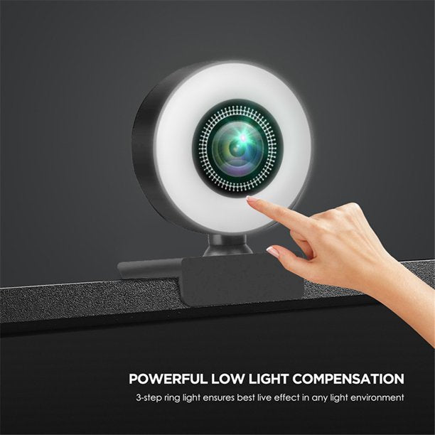 4K HD Webcam, Web Camera with Built in Mic and Adjustable Ring Light, Autofocus Webcam with Tripod for Live Streaming Gaming Video Calling Conferencing Recording, Noise Reduction & Beauty Retouch