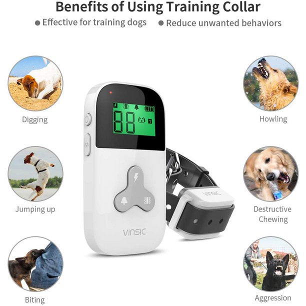 Vinsic Dog Training Collar,Waterproof Dog Shock Collar,1000 ft Remote Range Anti Barking Training Collar for Dog,USB Rechargeable Dog Bark Collar for Small Medium Large Dogs With LCD Display,White