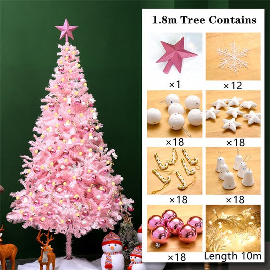 6ft Premium PVC Pink Artificial Christmas Tree with LED Lights, with Christmas Tree Ornaments and Star Topper, for Xmas Holiday Home Indoor Outdoor Decoration, Foldable Metal Stand