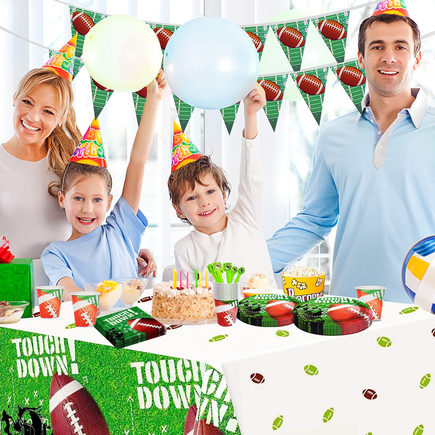 Football Party Supplies Set for 16 Guests, Includes Happy Birthday Banner, Balloons, Plates, Napkins, Spoons, Cups, Tablecloth for Kids Birthday Party Decorations