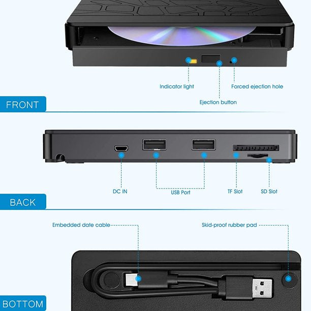 External CD DVD Drive for Laptop, 5-in-1 USB 3.0 Type-C CD DVD ROM +/-RW Burner Writer Reader, Doosl Slim Portable Optical Disk Drive CD DVD Player for Mac Book Linux OS Windows