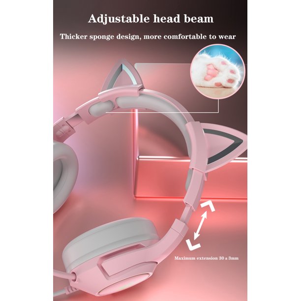 ONIKUMA Pink Gaming Headsets with Removable Cat Ears, Compatible with PC PS4 PS5 Xbox One Mobile Phones,Gaming Headphones with Surround Sound, RGB Backlight & Noise Canceling Retractable Microphone