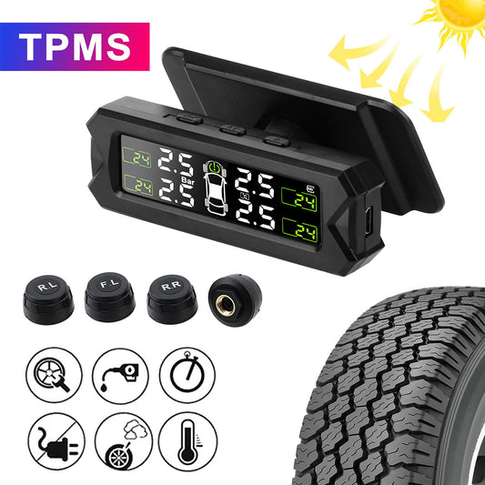 Auto Yet Tire Pressure Monitoring System, TSV TPMS Tool with 4 External Sensors, Real-Time Display of Pressure and Temperature Alarms Solar Tire Pressure Monitoring System, 6 Alarm Modes, Solar and USB Charging