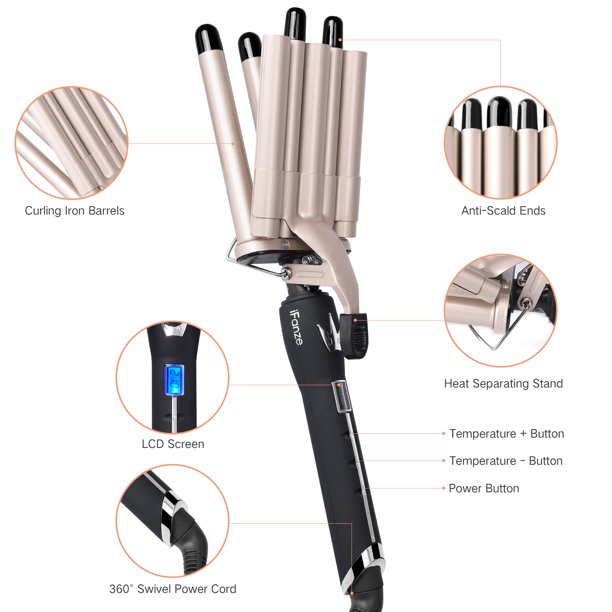 iFanze 3 Barrel Curling Iron Wand, 1" Tourmaline Ceramic Multi Functional 3 Barrel Waver Crimper Hair Iron with LCD Temperature Display, Travel Size, Beige