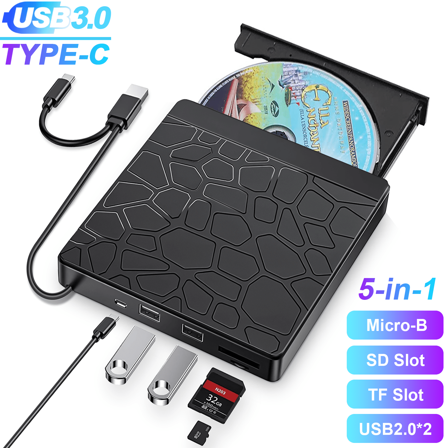 External CD DVD Drive for Laptop, 5-in-1 USB 3.0 Type-C CD DVD ROM +/-RW Burner Writer Reader, Doosl Slim Portable Optical Disk Drive CD DVD Player for Mac Book Linux OS Windows