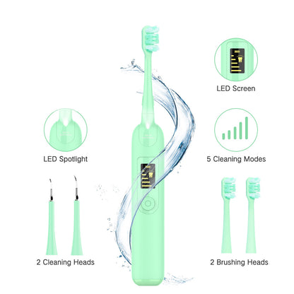 Electric Dental Calculus Remover, Plaque Remover for Teeth Dental Tools, Electric Tartar Remover Tooth Cleaner with 2 Cleaning Heads and 2 Brush Heads (Green)