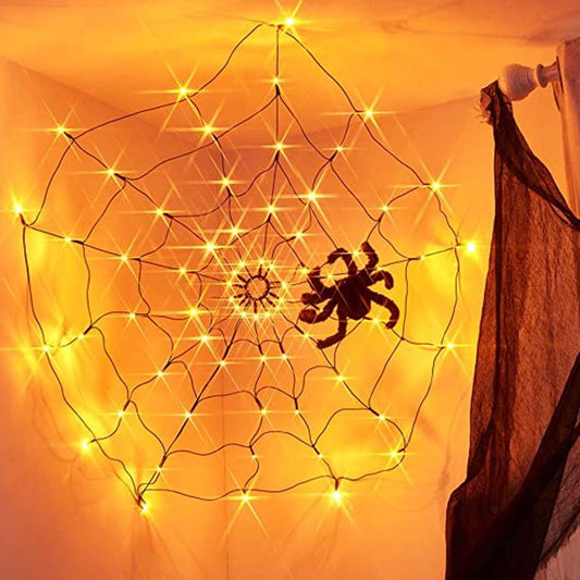 Meliful Halloween Black Spider Web Light with 80 LED Waterproof Orange Net Lights and 1 Black Spider for House Yard Garden Indoor and Outdoor Scary Halloween Theme
