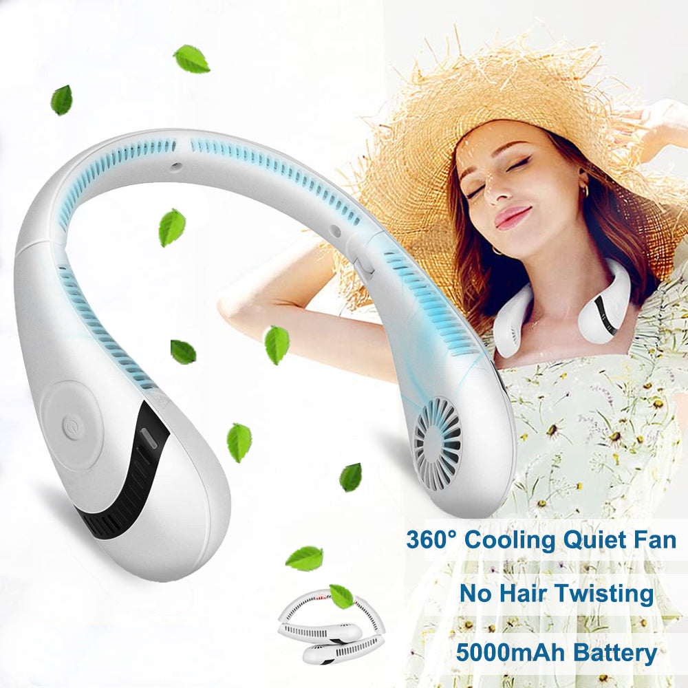 Portable Folding Neck Fan,Hands Free Bladeless Fan with 3 Speeds,Wearable Neck Fan with 3000mAh Battery Suit for Traveling,White