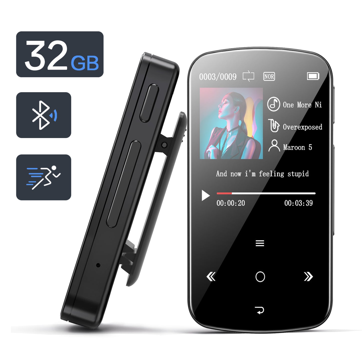 32GB Clip MP3 Player with Bluetooth, Doosl Mini Portable Lossless Sound Music Player with FM Radio Voice Recorder Video Earphones for Running Sport Pedometer, Expandable up to 128GB, Black