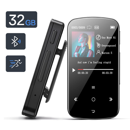 32GB Clip MP3 Player with Bluetooth, Doosl Mini Portable Lossless Sound Music Player with FM Radio Voice Recorder Video Earphones for Running Sport Pedometer, Expandable up to 128GB, Black
