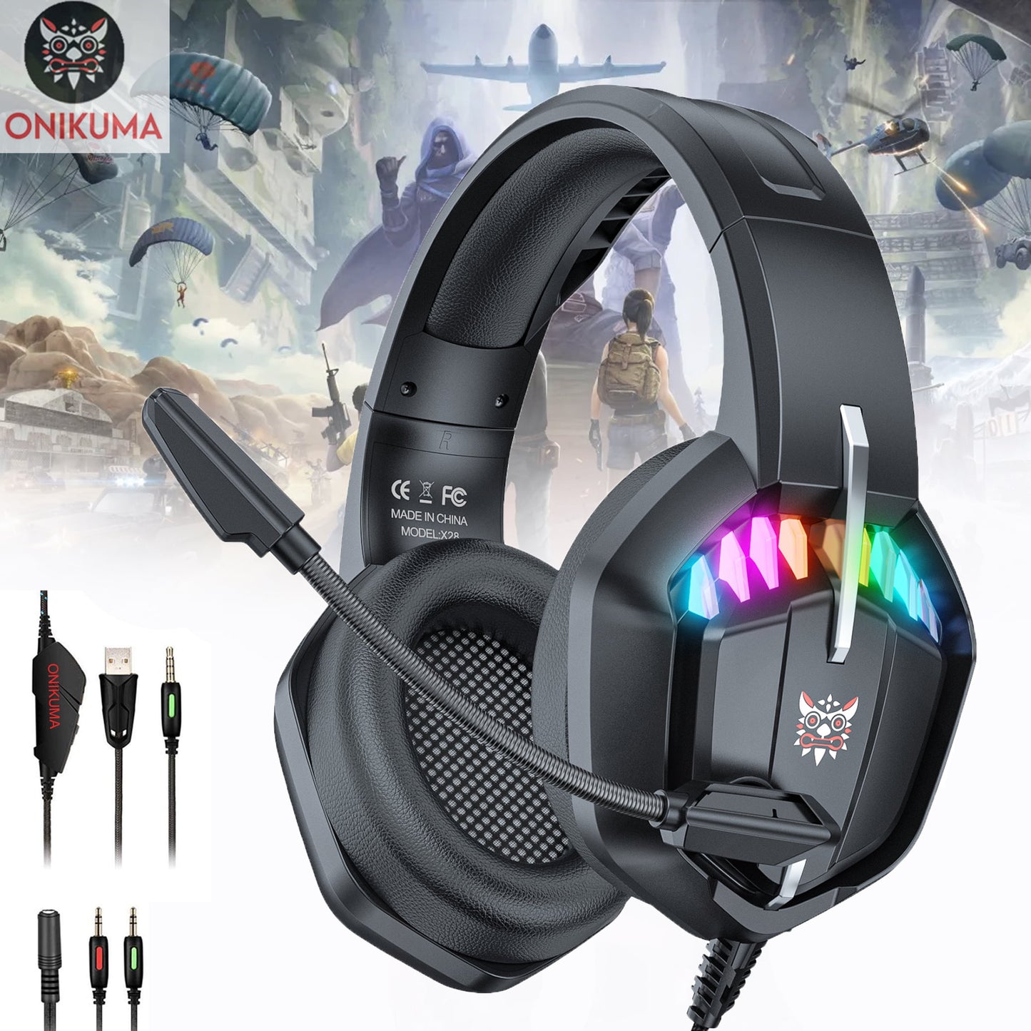 Doosl ONIKUMA Gaming Headset, 7.1 Surround Sound Stereo with 3.5mm Aux Wired Noise Canceling Mic and LED Light Over-Ear Gaming Headset Accessories Compatible with PC, PS5, PS4, Xbox and Nintendo Switch