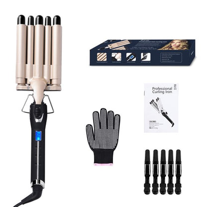 iFanze 3 Barrel Curling Iron Wand, 1" Tourmaline Ceramic Multi Functional 3 Barrel Waver Crimper Hair Iron with LCD Temperature Display, Travel Size, Beige