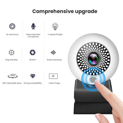 Doosl 2K Webcam, 2021 Newest Webcam with Noise Reduction Mic and Privacy Cover, USB Autofocus Camera with 3-Level Brightness Ring Light, Plug and Play, for Zoom Skype OBS YouTube Video Calling