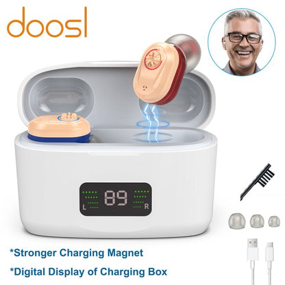 Doosl Rechargeable Personal Sound Amplifiers for Ears with Noise Reduction, Mini Invisible Aid Digital Personal Sound Amplifier Voice Enhancer Devices with Charging Case for Seniors,White,1 Pair