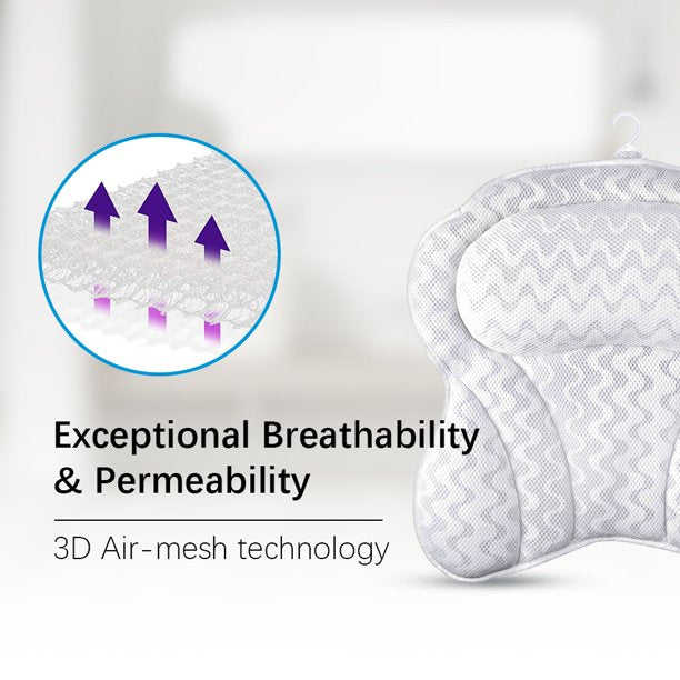 Bath Pillow, 3D Air Mesh Support Head Neck Shoulder & Back Bathtub Pillow Six Power Suction Comfortable Spa Bath Pillow White
