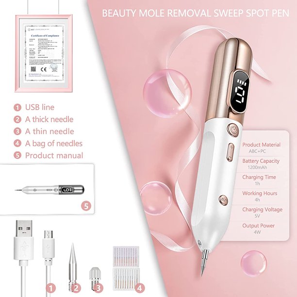 Skin Tag Remover, 9 Level Adjustable Mole Remover Pen with USB Charging and 20 Replaceable Needles, Home Usage, White