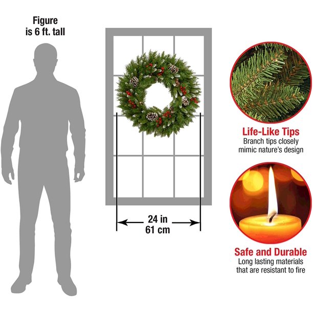 24 Inch Christmas Wreath, Outdoor Lighted Christmas Wreath for Front Door, Xmas Wreath for Holiday Christmas Party Decorations