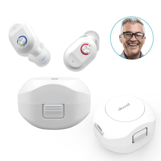 Doosl Rechargeable Hearing Aids with Portable Charging Case, Hearing Amplifiers for Both Ears, Volume Adjustable, In-Ear Hearing Devices for Seniors, 1 Pair, White