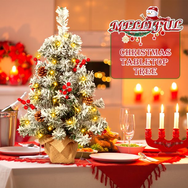 Mini Decorated Christmas Trees, 20in Tabletop Christmas Trees with LED Lights, Christmas Tree Star Topper, Ornaments. Xmas Decorations Festival Home Party Ornaments