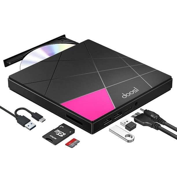 Doosl External CD DVD Drive, USB 3.0&USB-C Slim Portable CD/DVD +/- RW Burner Player Writer Support SD/TF Card and 2 USB 3.0 Ports for Mac OS Windows MacBook Laptop Desktop, Pink and Black