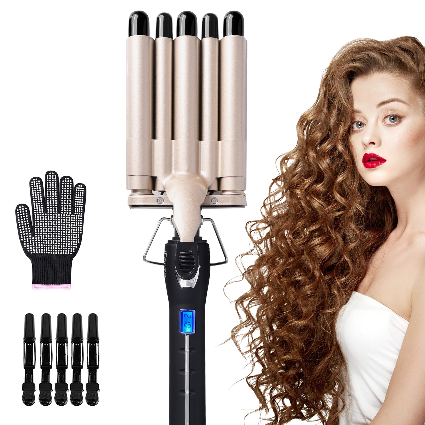 iFanze 3 Barrel Curling Iron Wand, 1" Tourmaline Ceramic Multi Functional 3 Barrel Waver Crimper Hair Iron with LCD Temperature Display, Travel Size, Beige
