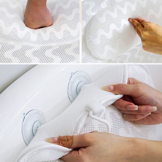 Bath Pillow, 3D Air Mesh Support Head Neck Shoulder & Back Bathtub Pillow Six Power Suction Comfortable Spa Bath Pillow White