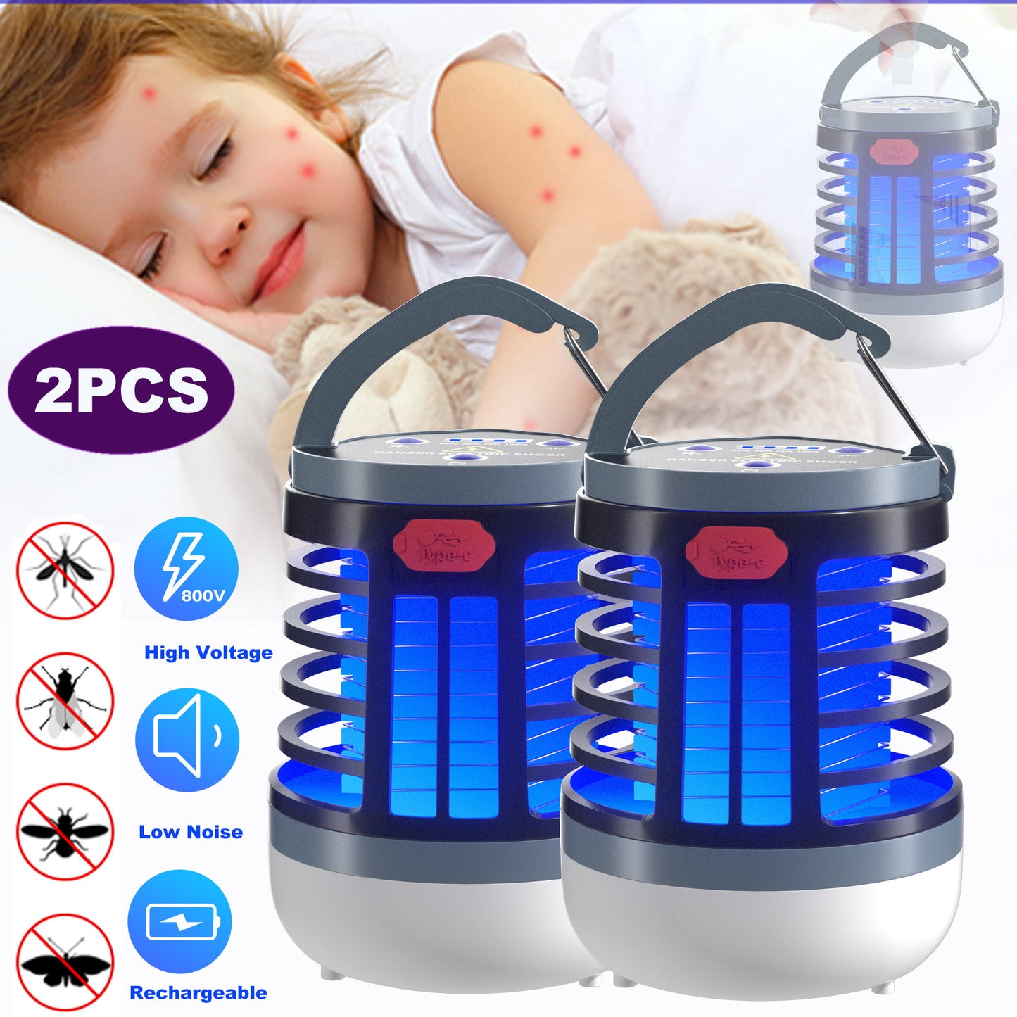 Bug Zapper Outdoor, Electric Mosquito Repellent 1200 mAh Large Battery Pest Control Waterproof Cordless Outdoor Bug Zapper, Rechargeable Insect Fly Trap For Home, Kitchen, Patio, Backyard,2Pcs